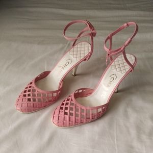 RARE CHANEL Pink Lattice Heels Sandals Size 8-1/2 Womens